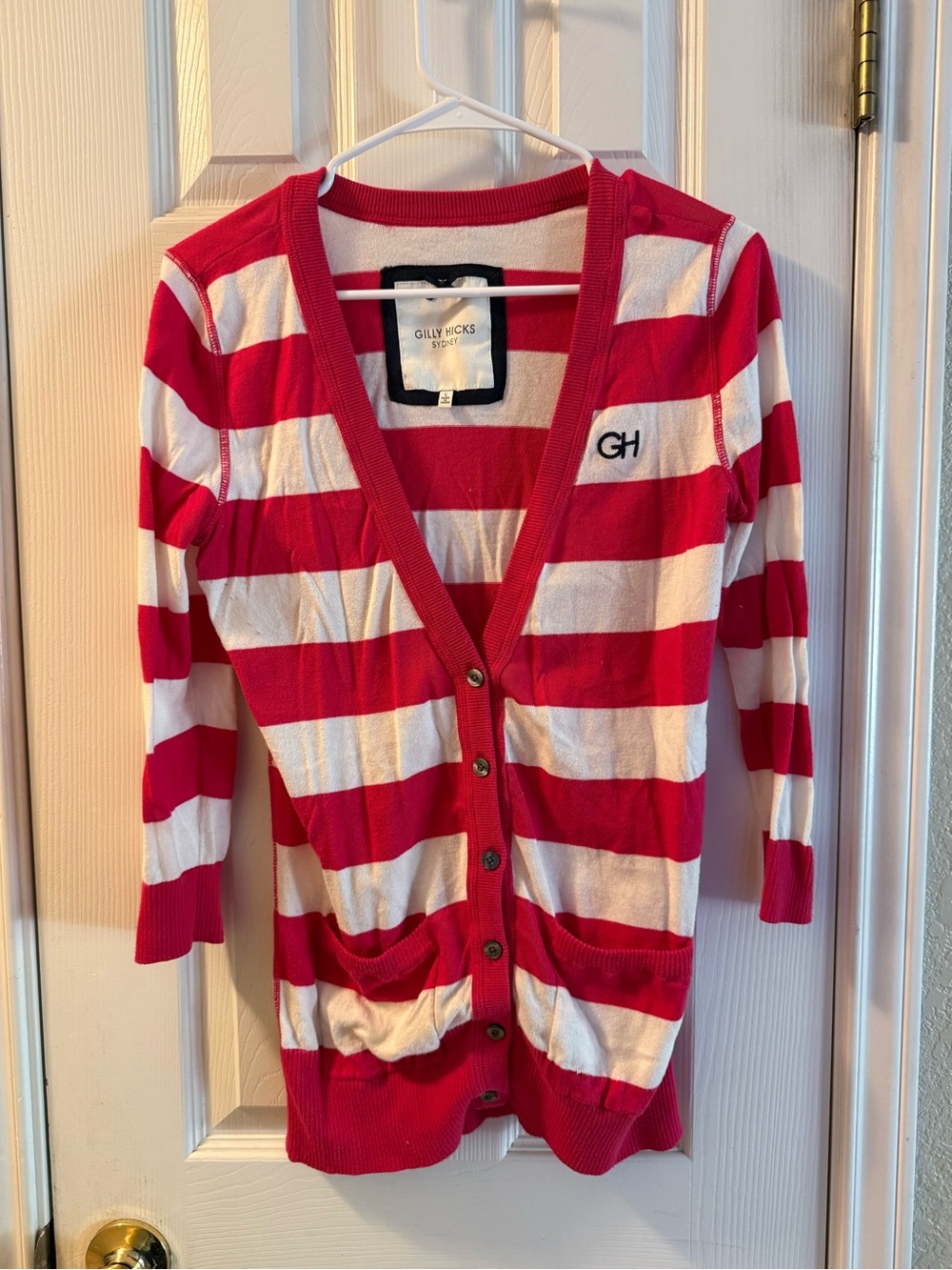 Y2K Gilly Hicks Pink and White Striped V-Neck Cardigan